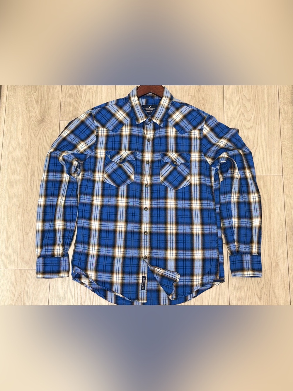 American Eagle Mens M Blue Plaid Slim Fit Seriously Soft Western Snap VNTG Y2K